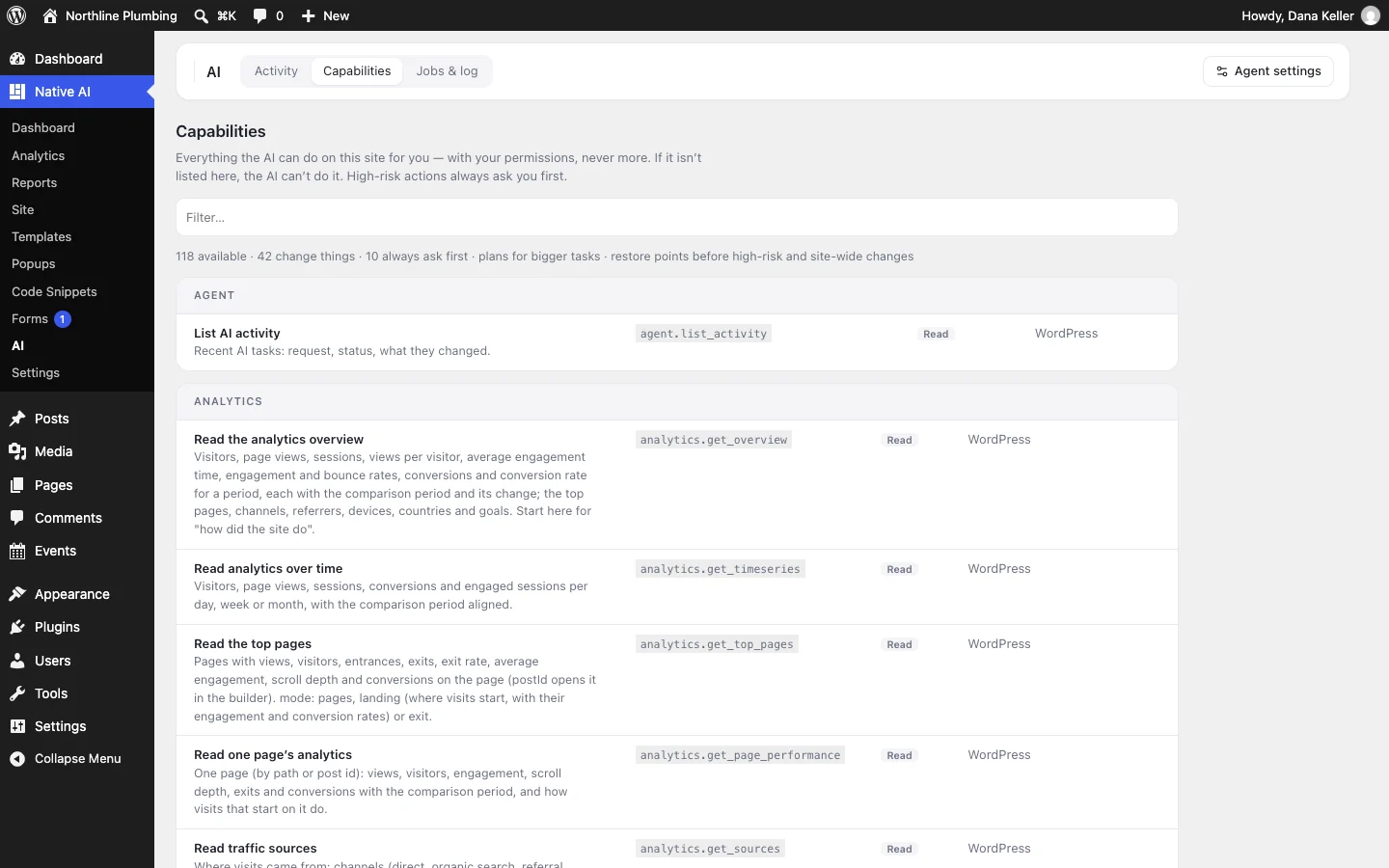 What the AI agent can do on the site, and which actions need approval first