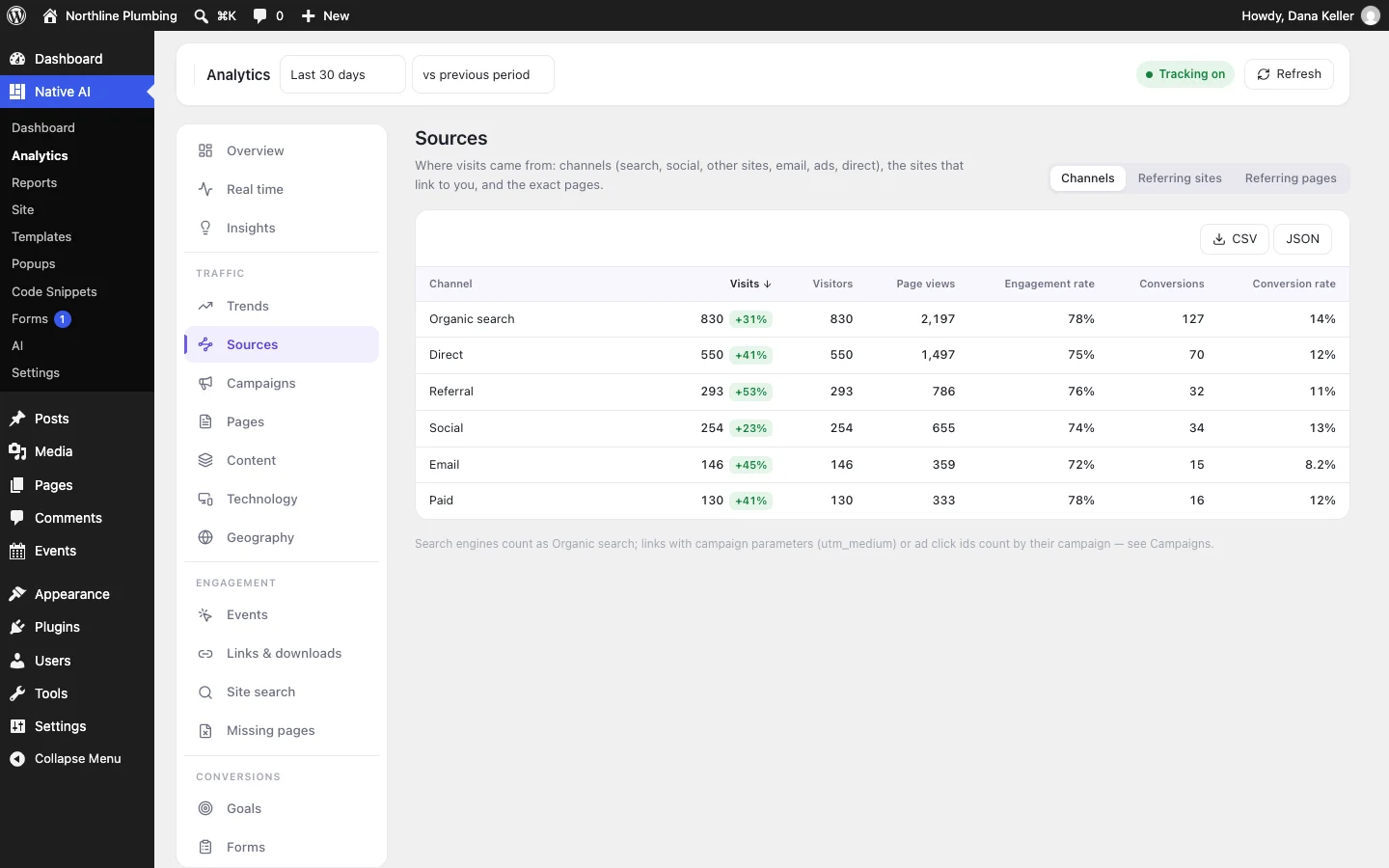 Where visitors come from: search, direct, referrals, social and email, with campaigns