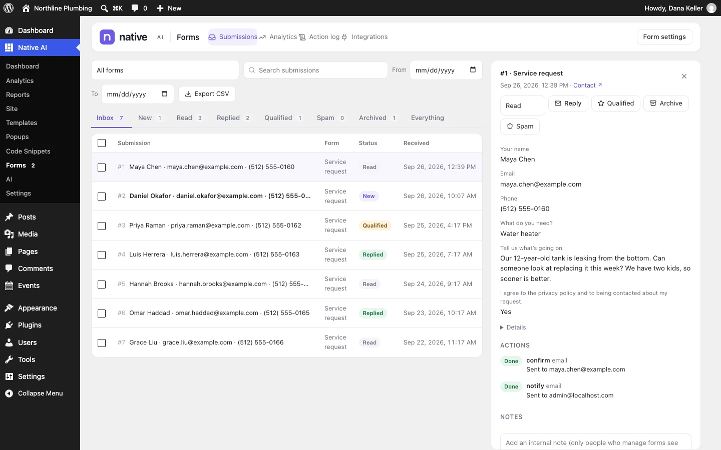 One form submission opened: every field, the actions that ran after it (emails, integrations) and notes