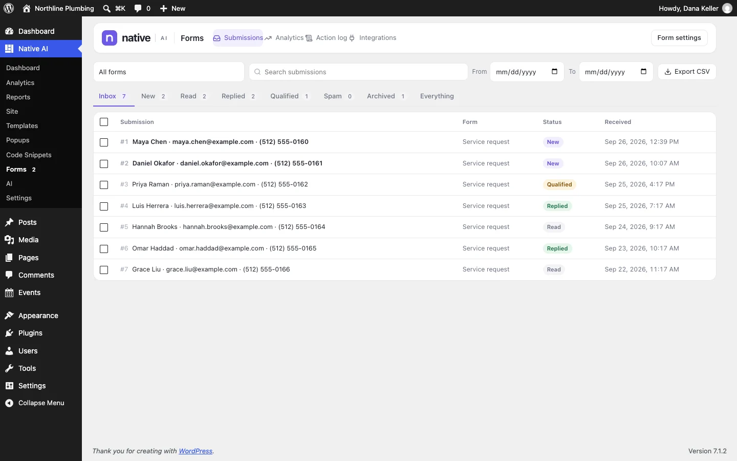 Form submissions in WordPress: a searchable inbox with status, service requested and the page each came from