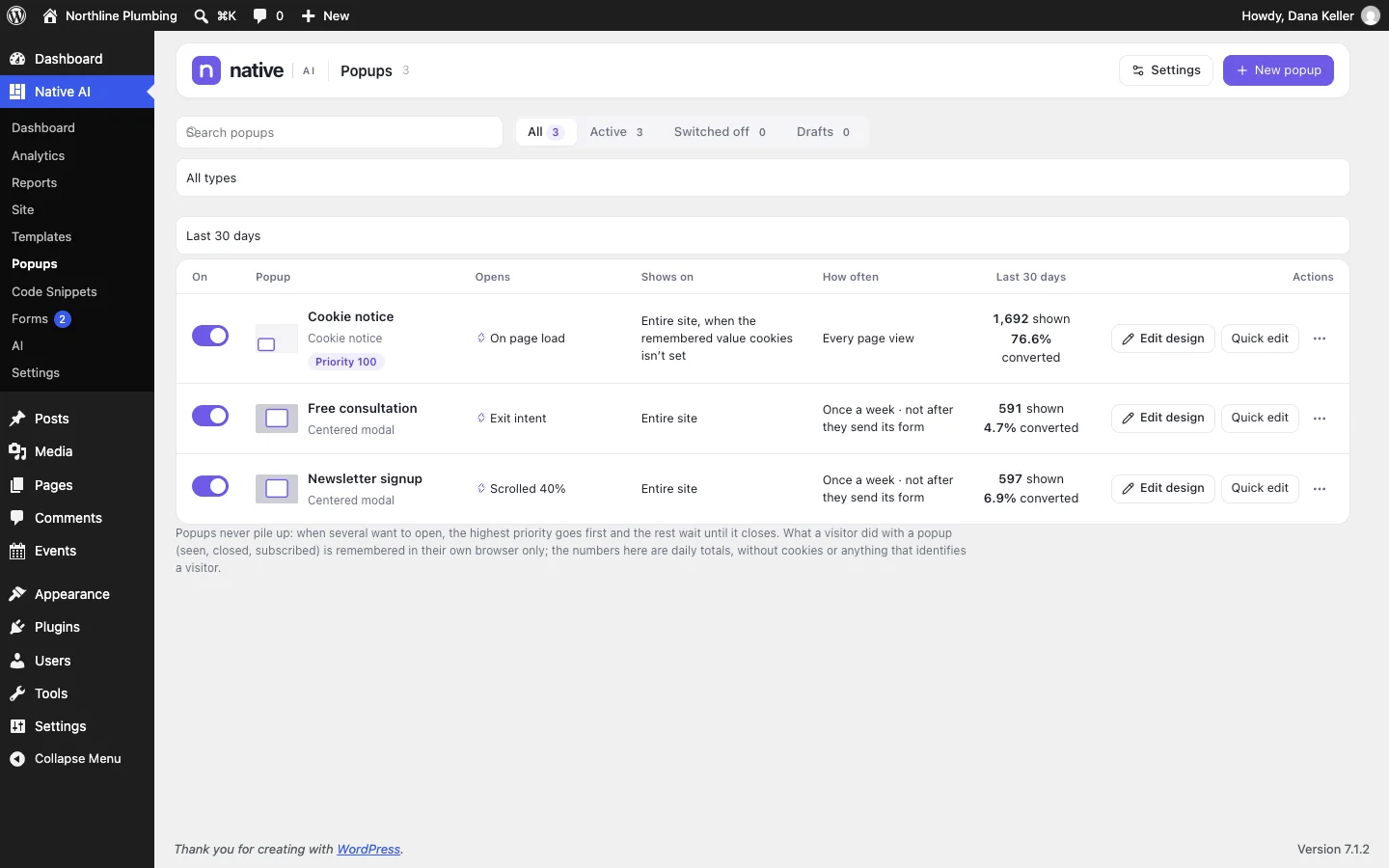 Native AI → Popups: each popup’s triggers, targeting, views and conversion rate
