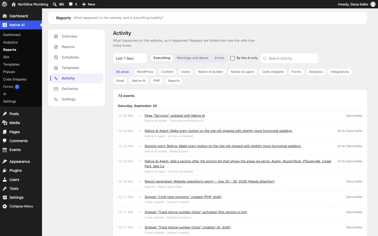 The activity timeline: every change on the site, who made it and when