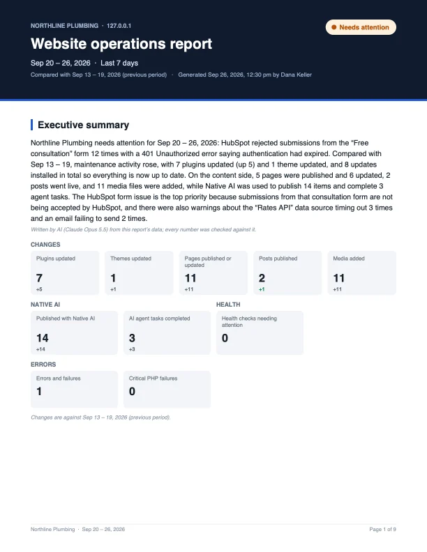 The first page of the PDF report: status, an AI-written summary and the week’s key numbers
