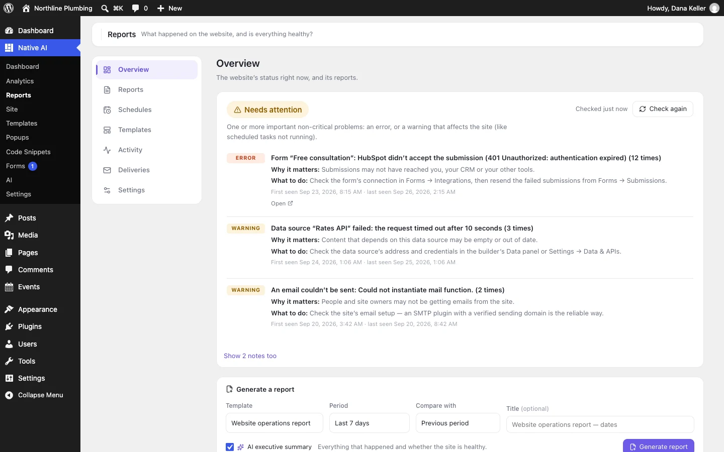 Site Reports: a health score, what changed, what broke and what needs attention