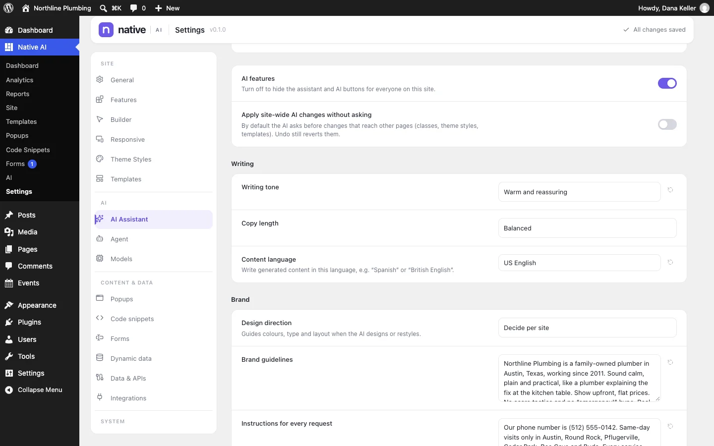 Settings → AI Assistant: approval for site-wide changes, writing tone, copy length, language, brand guidelines and instructions for every request