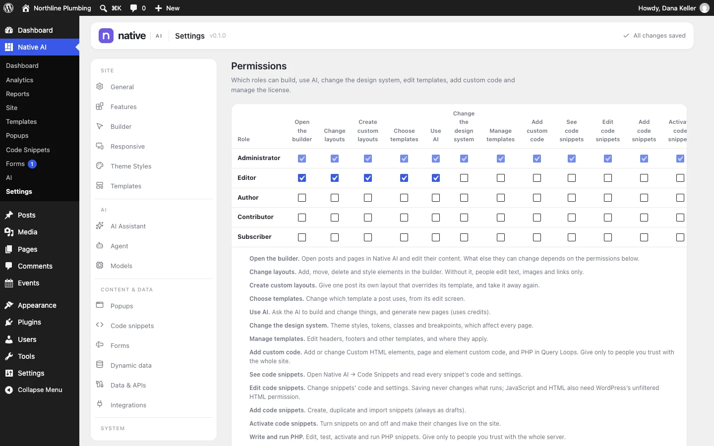 Permissions: which WordPress roles can design, edit content, use the AI or manage templates