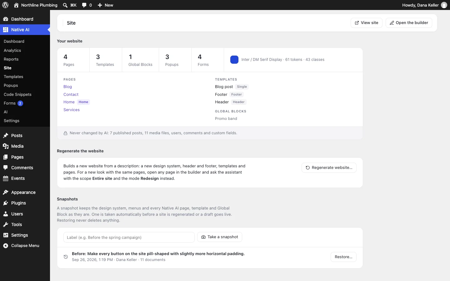 Native AI → Site: generate a whole website from a description, or change the whole site at once
