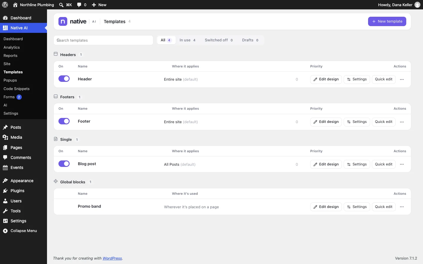 Native AI → Templates: headers, footers and post templates with the conditions that decide where each one shows