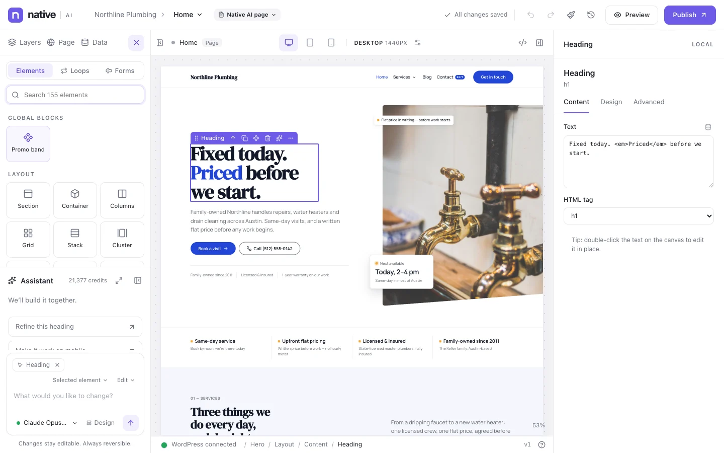 The element library open in the builder, with elements grouped by category and a search box