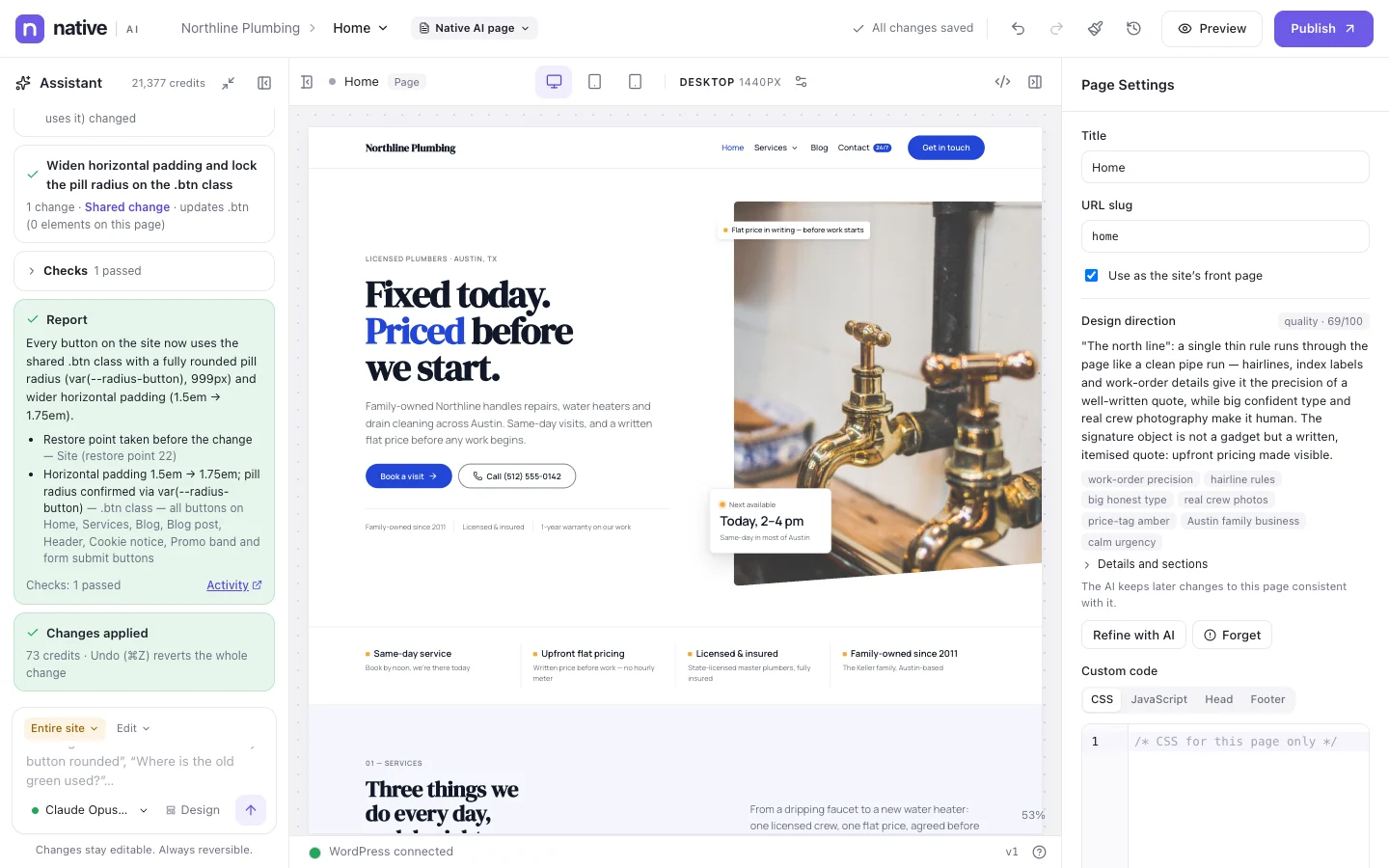 A site-wide change done by the AI: it proposed a plan, waited for approval, then changed every button on the site and reported what it did