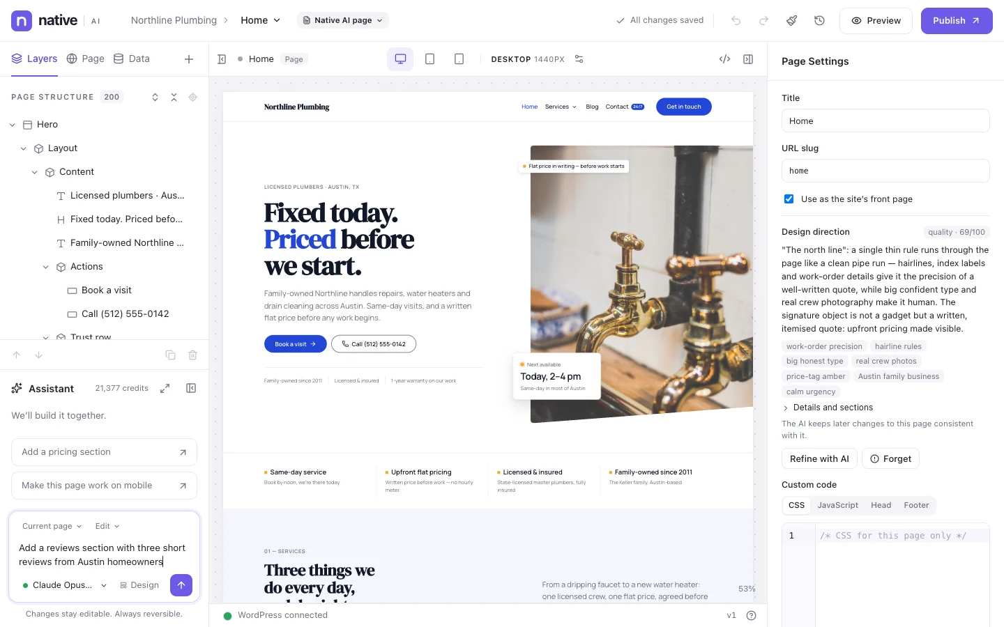 The AI assistant in the builder with a request written in plain language, ready to send