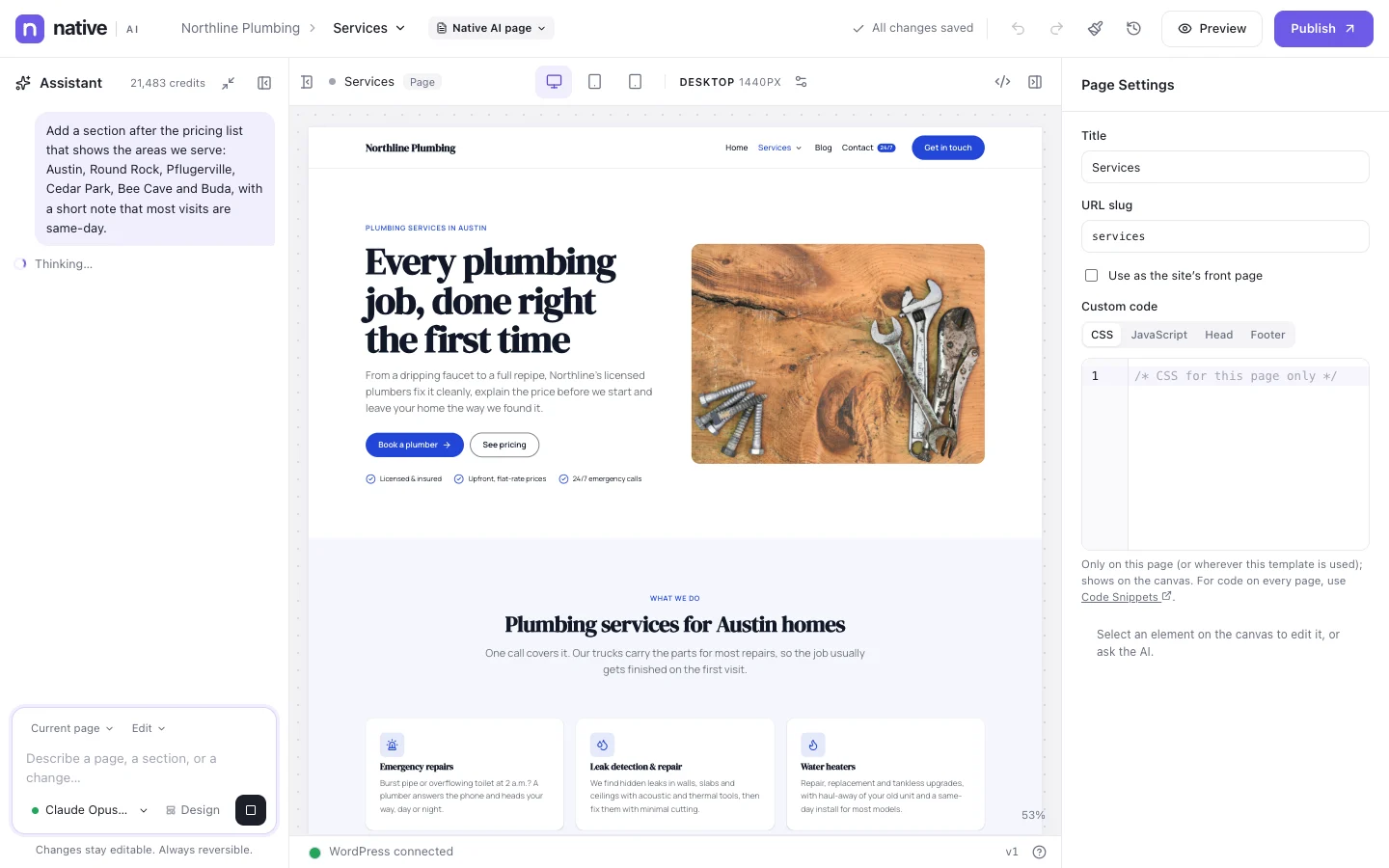 The AI assistant at work in the builder: it reads the page and the design system, then adds real elements while you watch