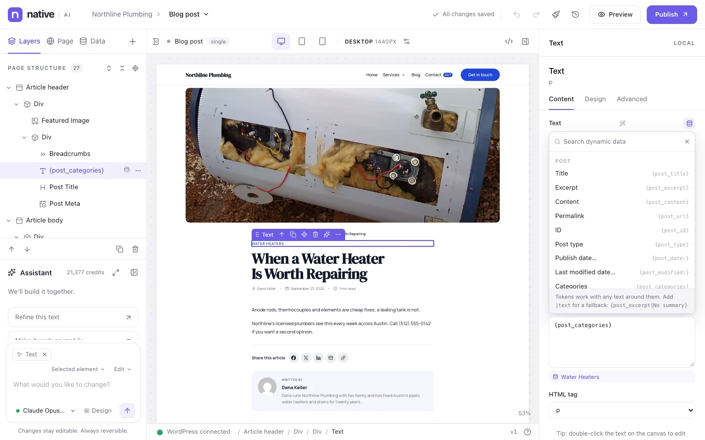 A blog post template with dynamic data: the picker lists post, author, site and custom fields to insert into any text