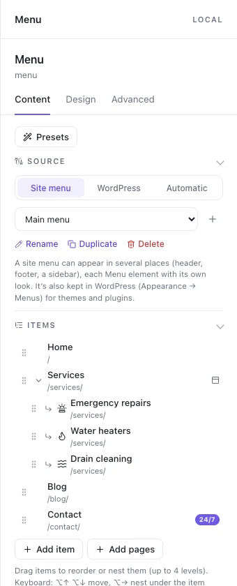 The header’s menu in the builder: the site menu’s items with icons, descriptions and a badge