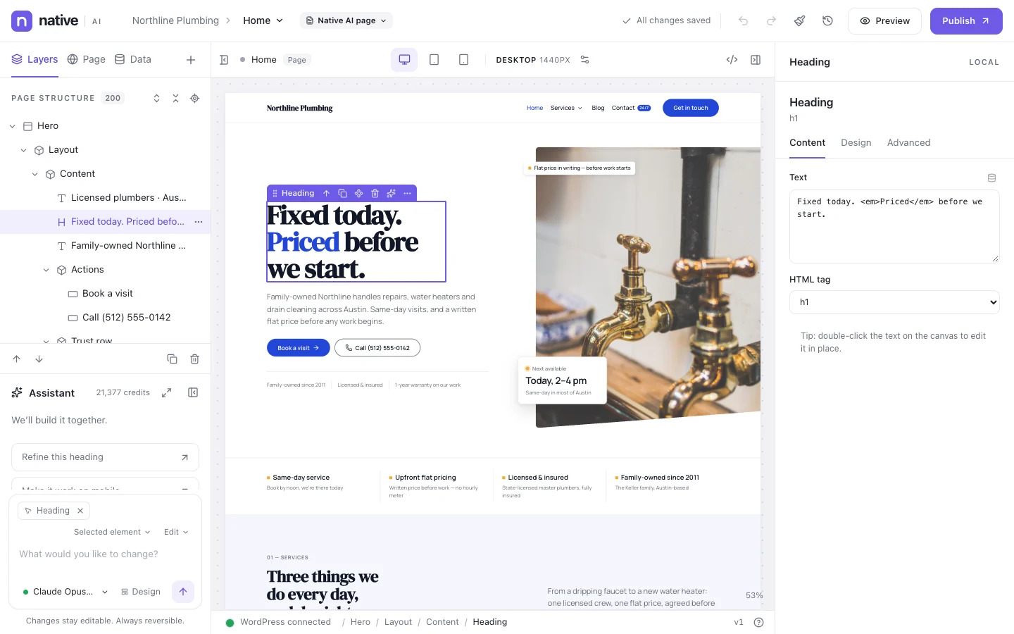 The Native AI builder editing a plumbing company’s homepage: the layer tree and AI assistant on the left, the page in the middle, the selected heading’s settings on the right
