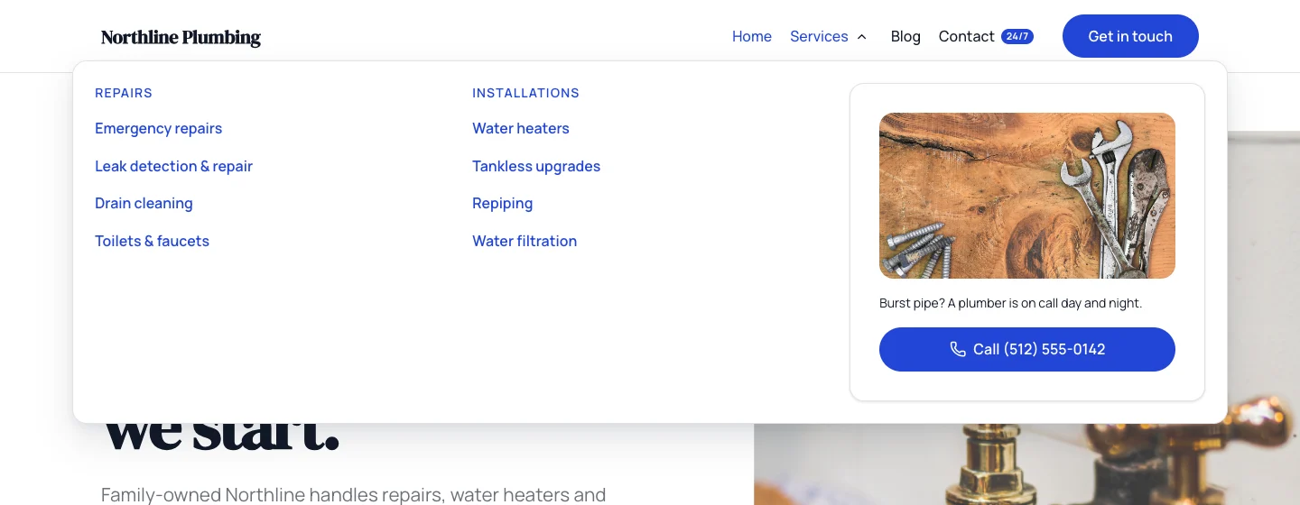 The site’s mega menu open under “Services”